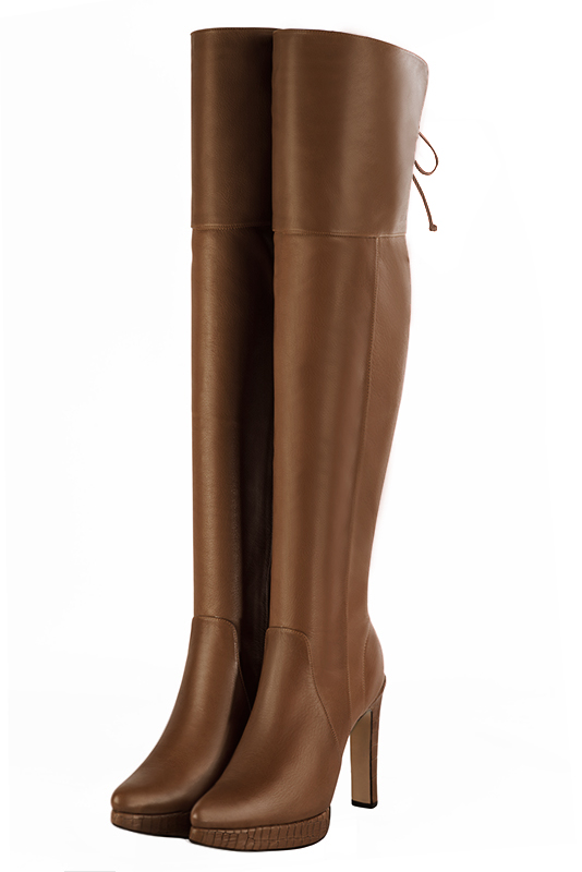 Caramel brown women's leather thigh-high boots. Tapered toe. Very high slim heel with a platform at the front. Made to measure - Florence KOOIJMAN